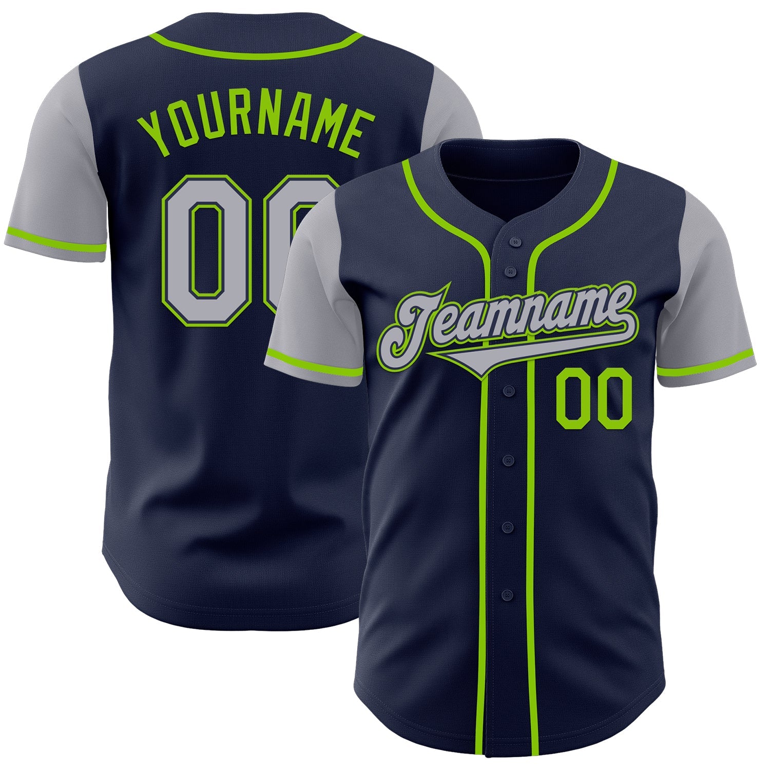 Custom Navy Gray-Neon Green Authentic Two Tone Baseball Jersey - Main View