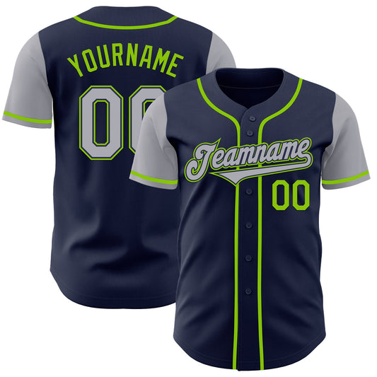 Custom Navy Gray-Neon Green Authentic Two Tone Baseball Jersey - Main View