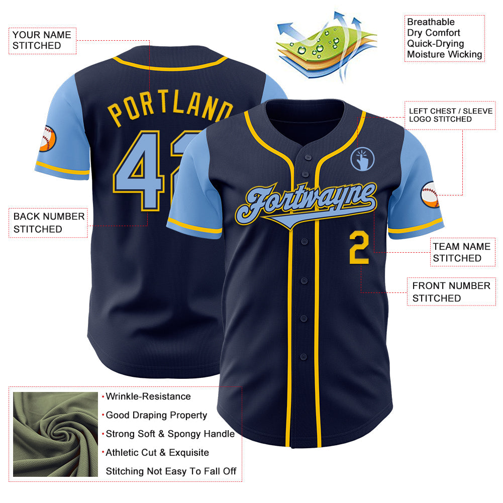 Custom Navy Light Blue-Yellow Authentic Two Tone Baseball Jersey view 3