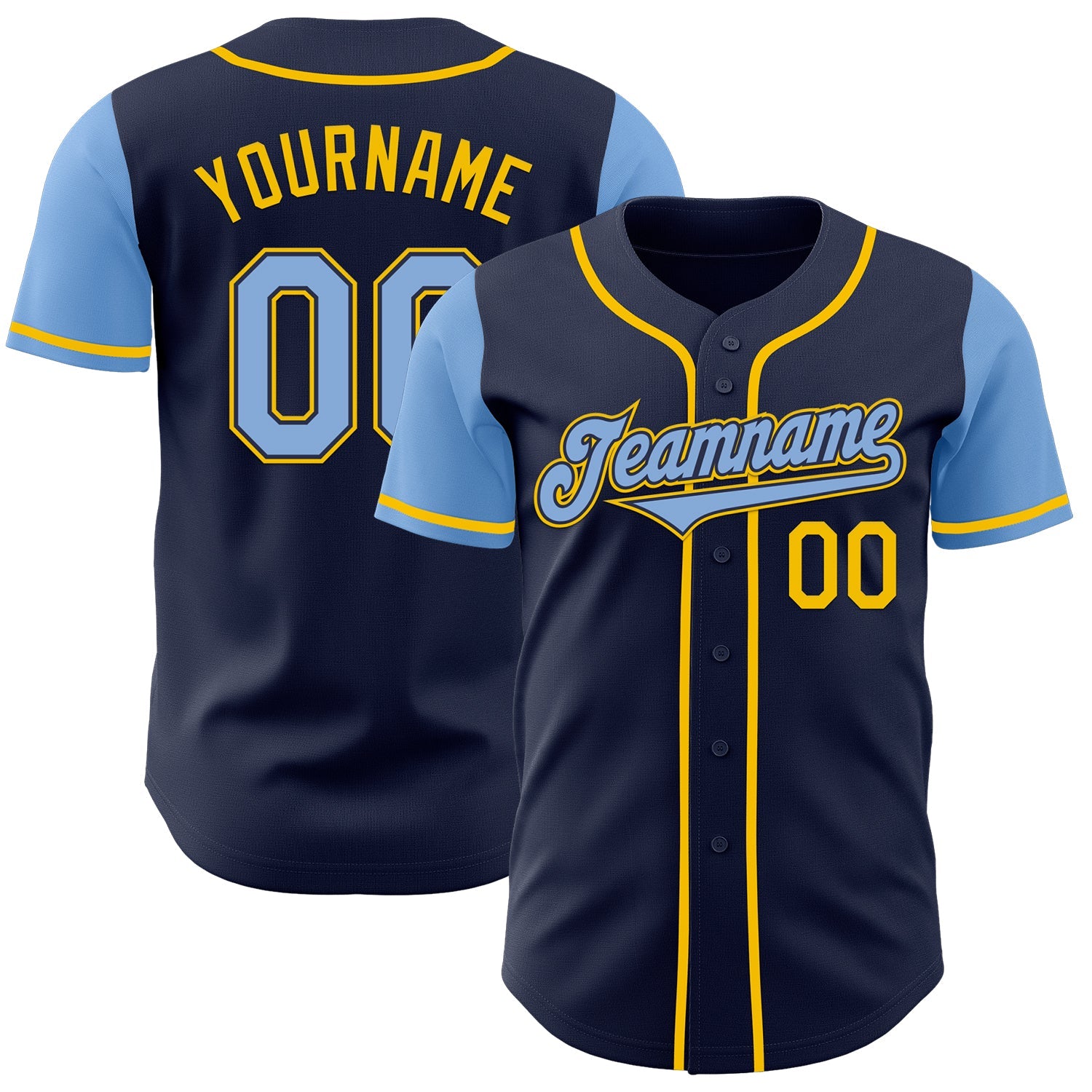 Custom Navy Light Blue-Yellow Authentic Two Tone Baseball Jersey - Main View
