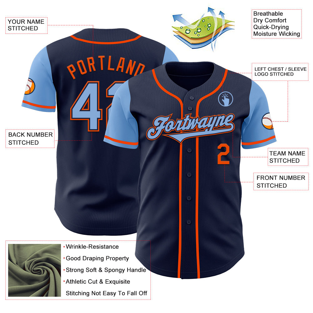 Custom Navy Light Blue-Orange Authentic Two Tone Baseball Jersey view 3