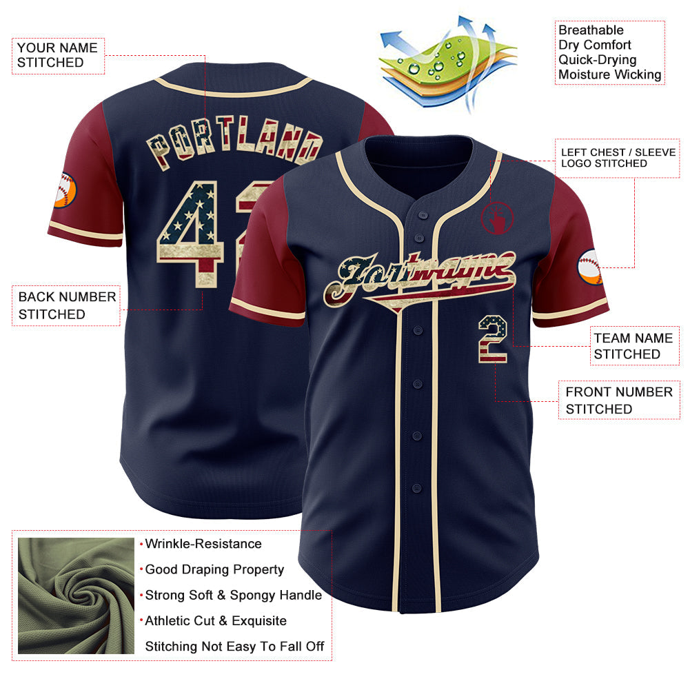 Custom Navy Vintage USA Flag Cream-Crimson Authentic Two Tone Baseball Jersey view 3