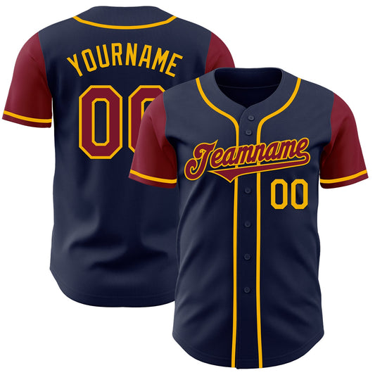 Custom Navy Crimson-Gold Authentic Two Tone Baseball Jersey - Main View