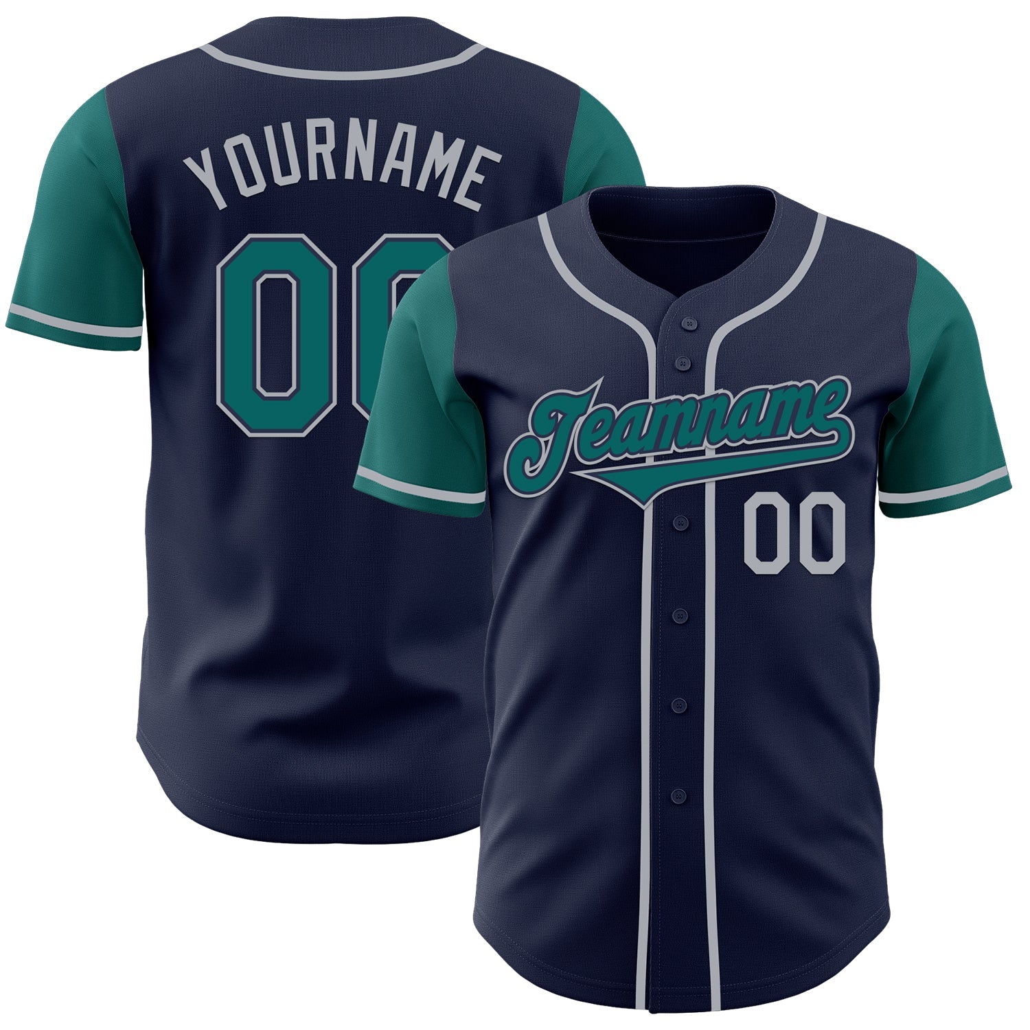 Custom Navy Teal-Gray Authentic Two Tone Baseball Jersey - Main View