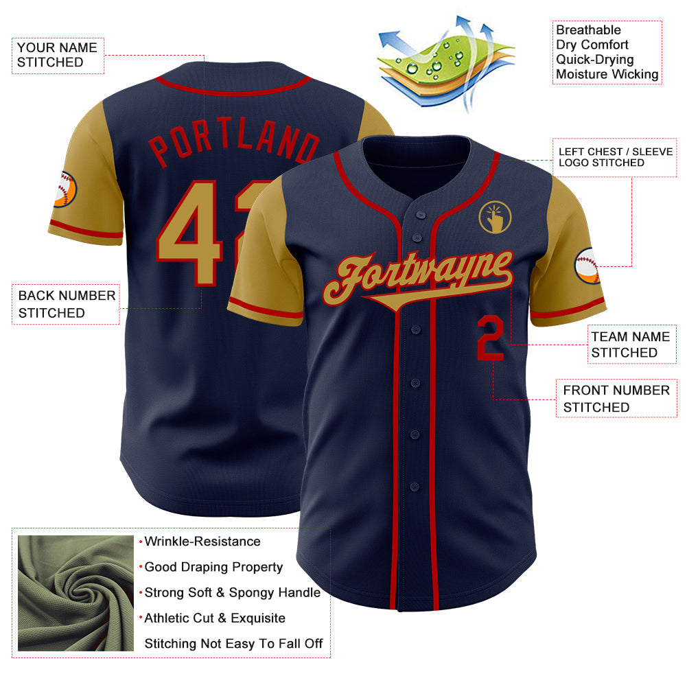 Custom Navy Old Gold-Red Authentic Two Tone Baseball Jersey view 3