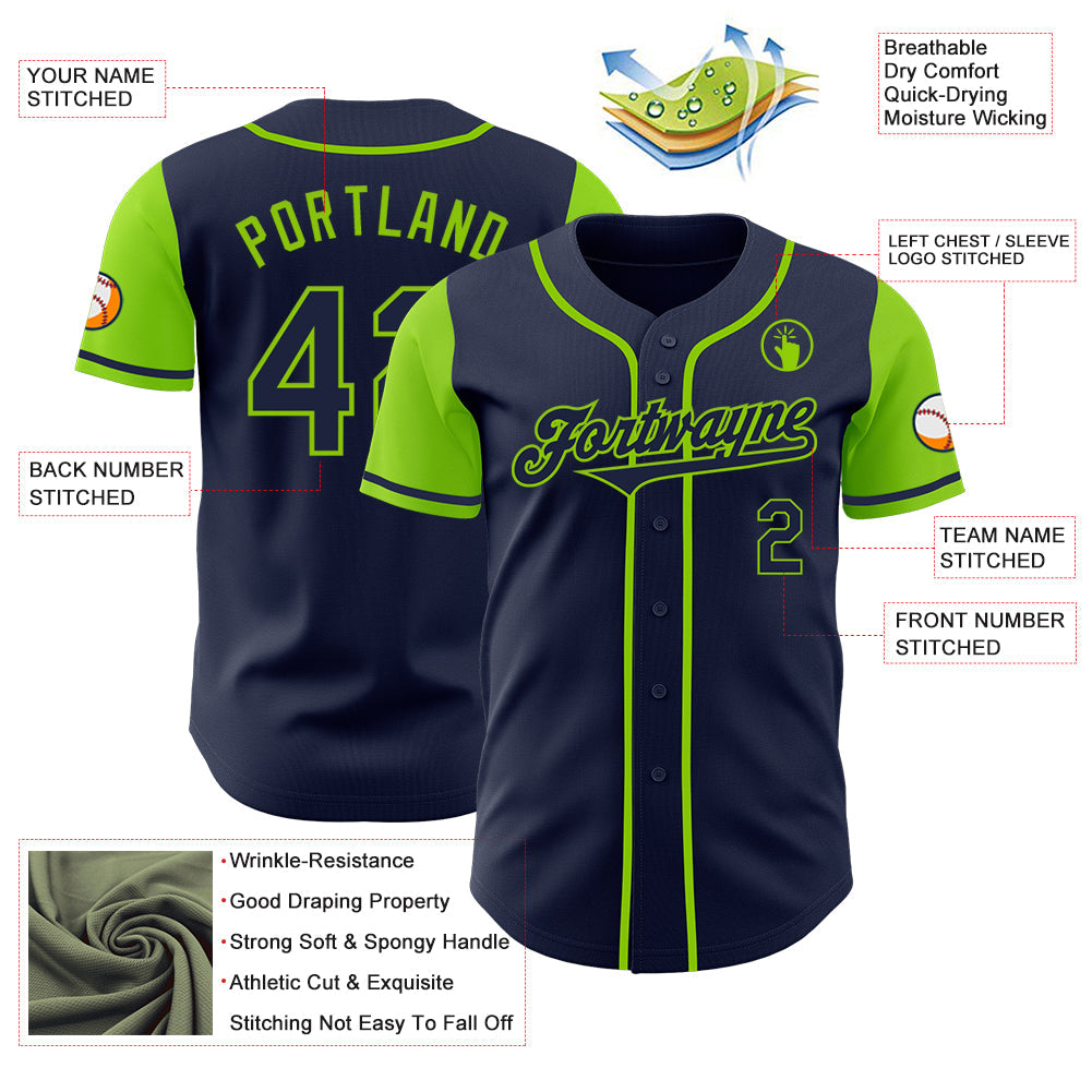 Custom Navy Neon Green Authentic Two Tone Baseball Jersey view 3