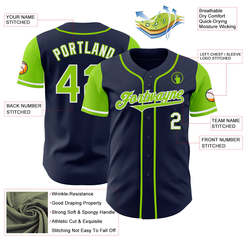 Custom Navy Neon Green-White Authentic Two Tone Baseball Jersey view 3