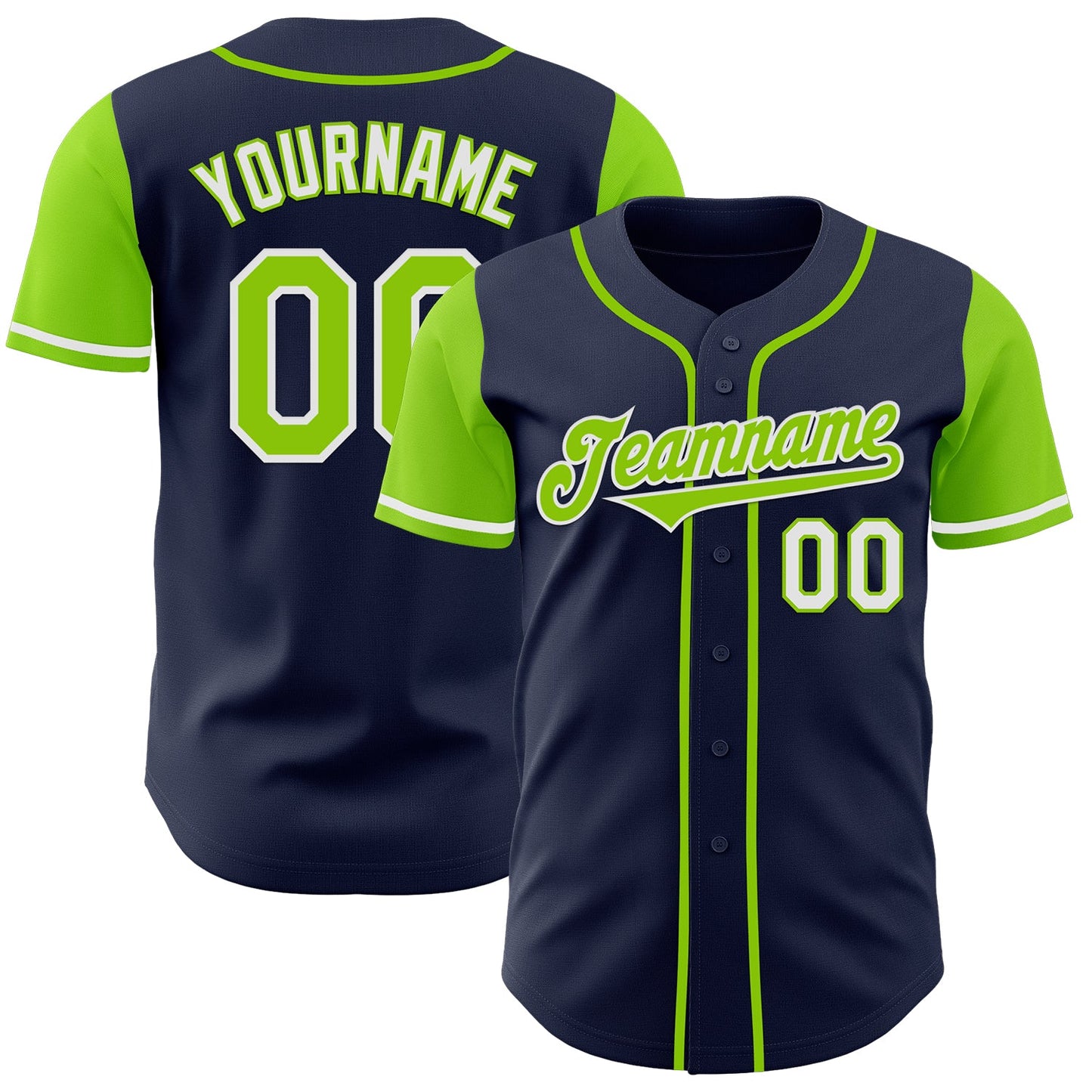 Custom Navy Neon Green-White Authentic Two Tone Baseball Jersey - Main View