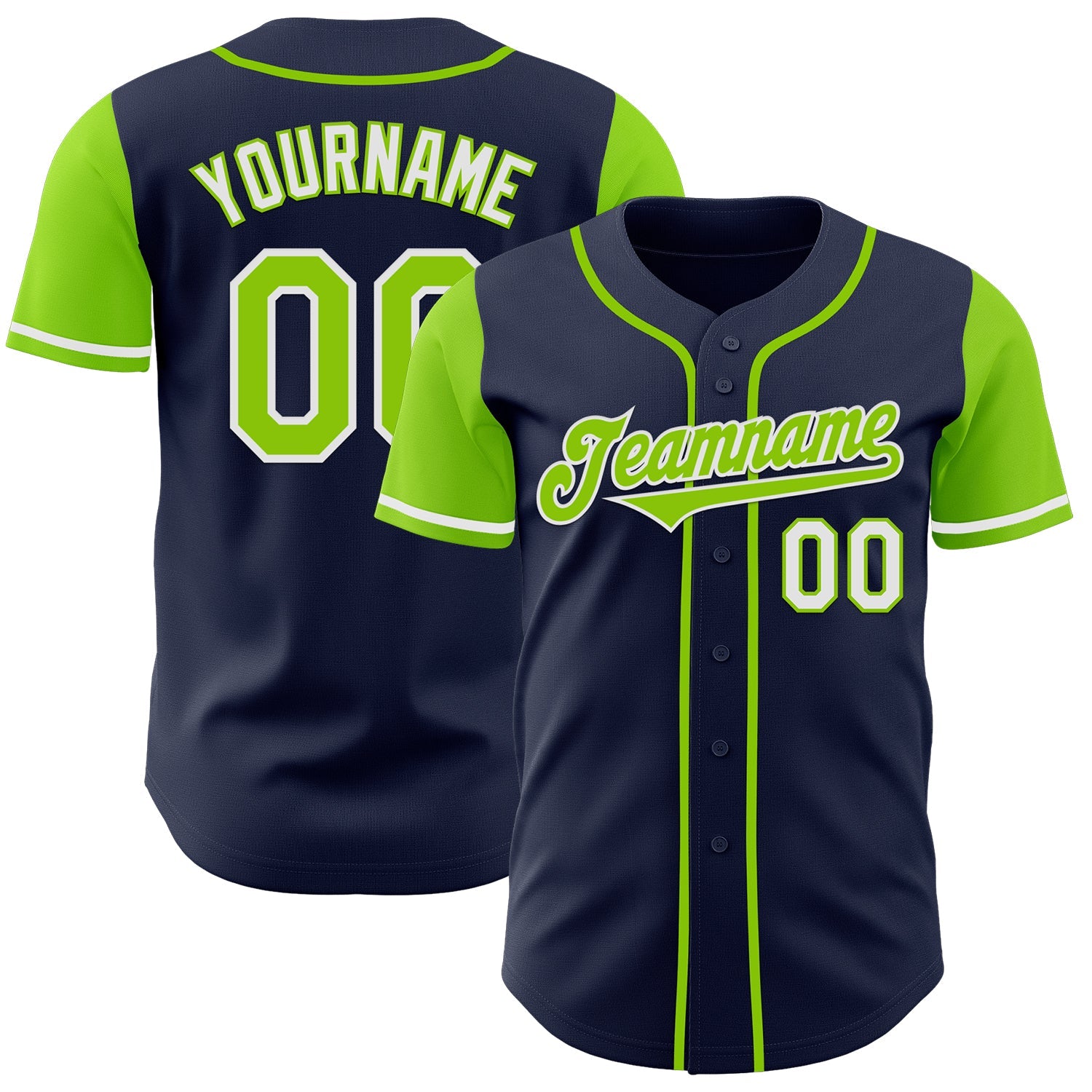 Custom Navy Neon Green-White Authentic Two Tone Baseball Jersey - Main View