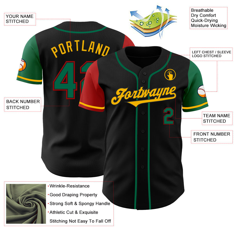 Custom Black Kelly Green Red-Gold Authentic Two Tone Baseball Jersey view 3