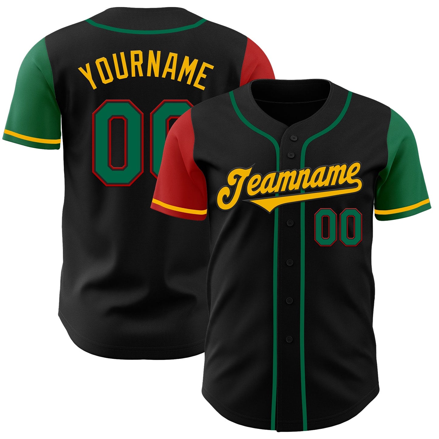 Custom Black Kelly Green Red-Gold Authentic Two Tone Baseball Jersey - Main View