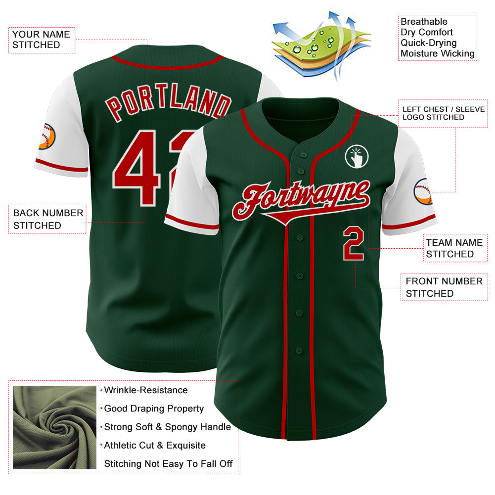 Custom Green Red-White Authentic Two Tone Baseball Jersey view 3