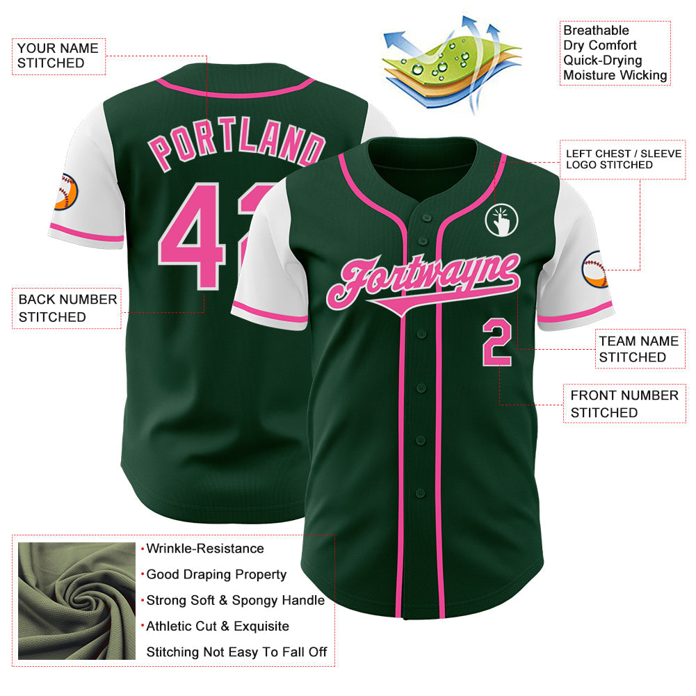 Custom Green Pink-White Authentic Two Tone Baseball Jersey view 3