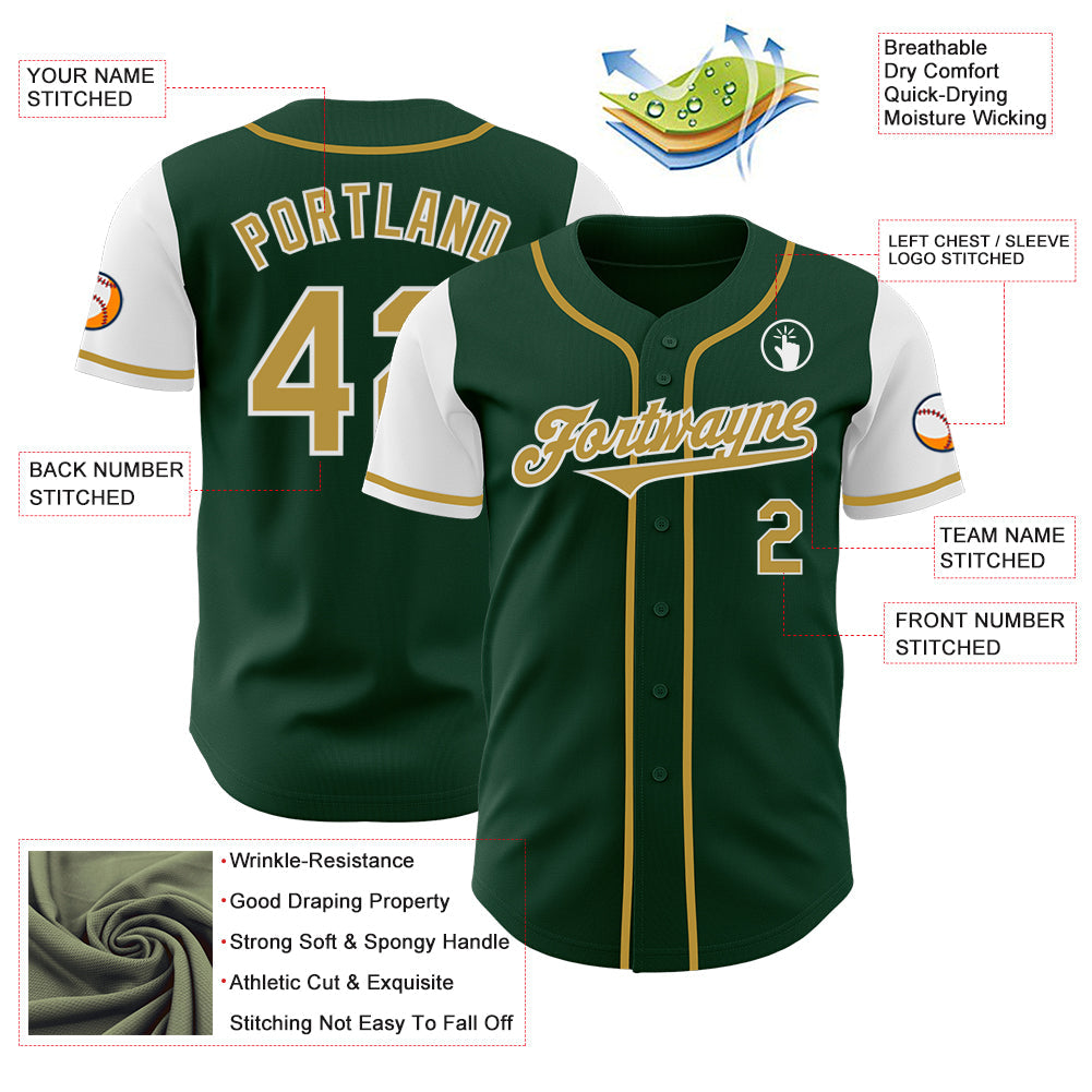 Custom Green Old Gold-White Authentic Two Tone Baseball Jersey view 3