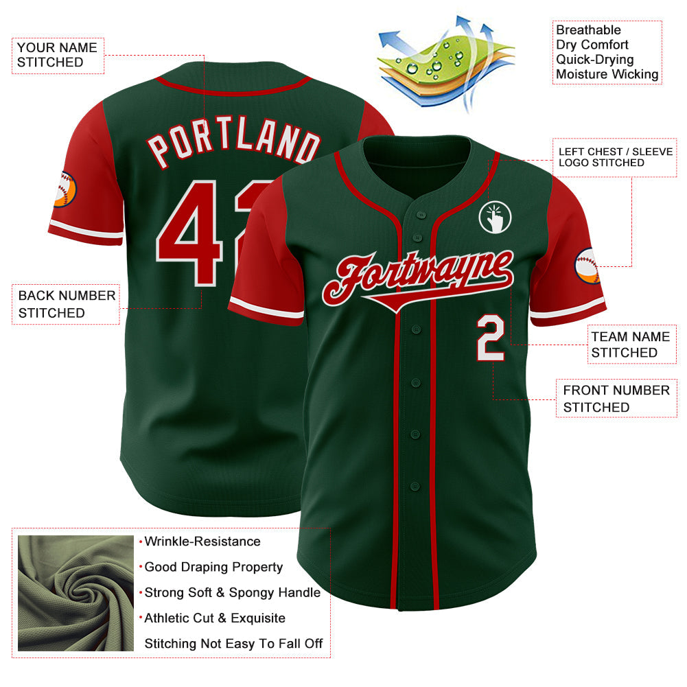 Custom Green Red-White Authentic Two Tone Baseball Jersey view 3