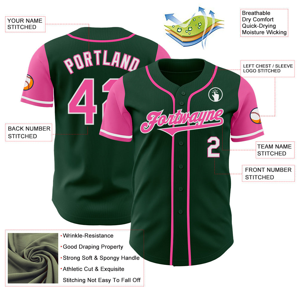 Custom Green Pink-White Authentic Two Tone Baseball Jersey view 3