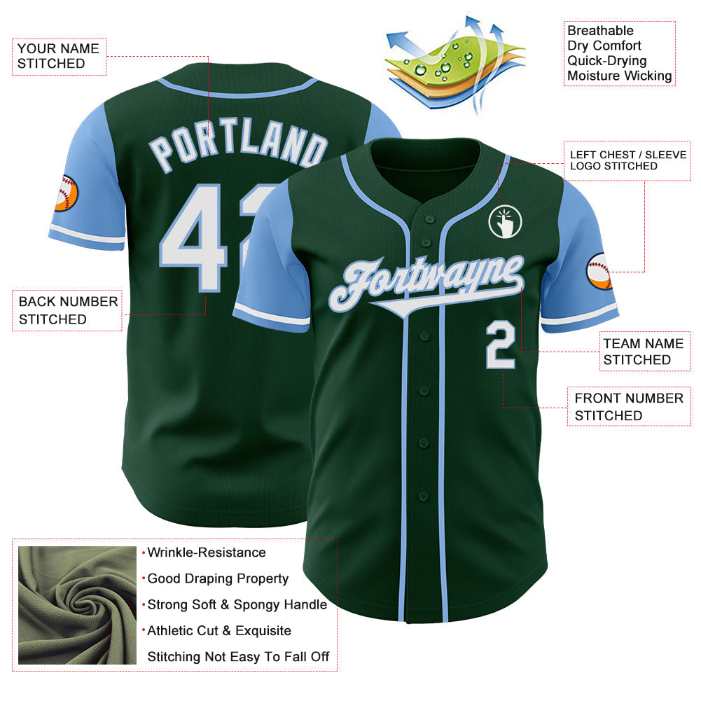 Custom Green White-Light Blue Authentic Two Tone Baseball Jersey view 3