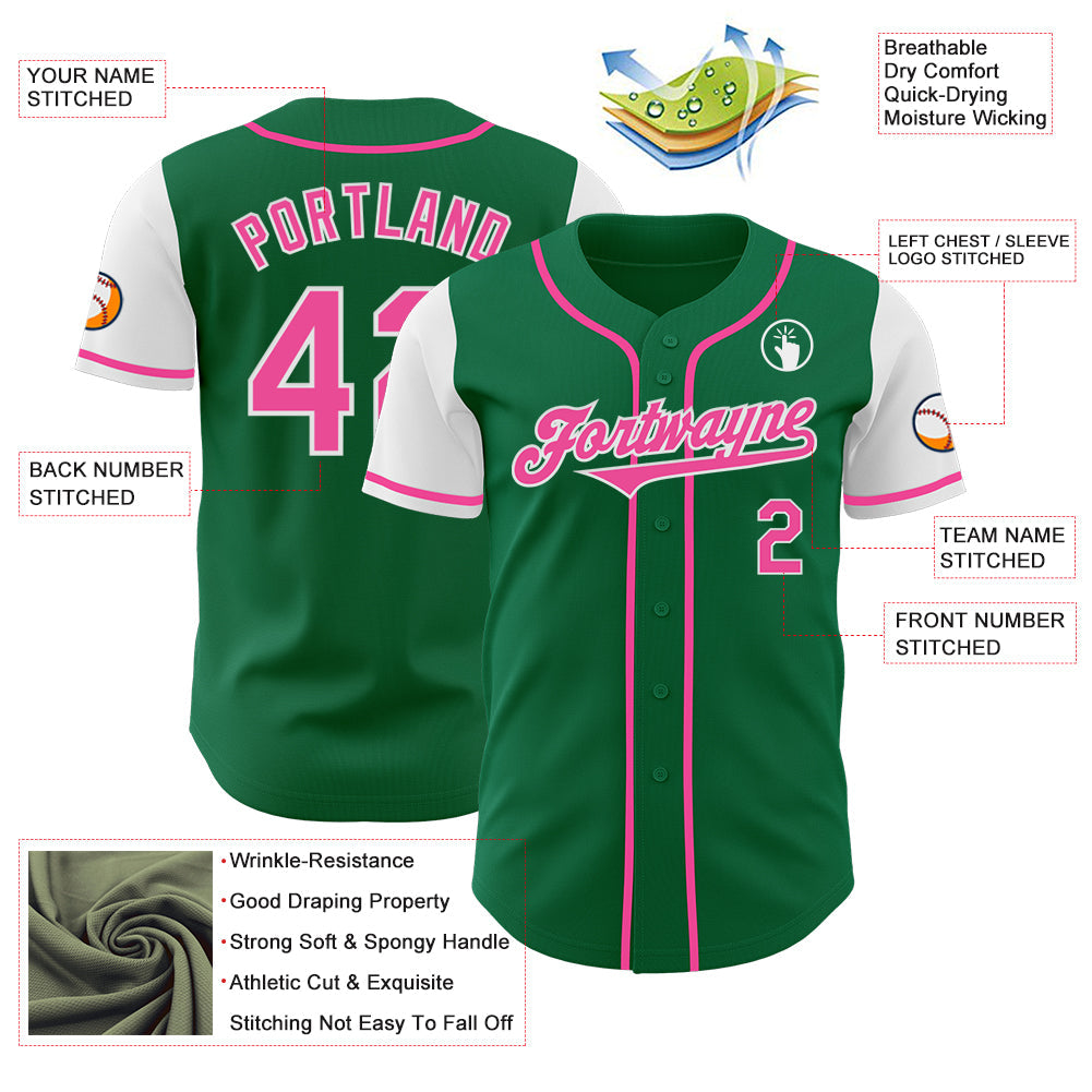 Custom Kelly Green Pink-White Authentic Two Tone Baseball Jersey view 3