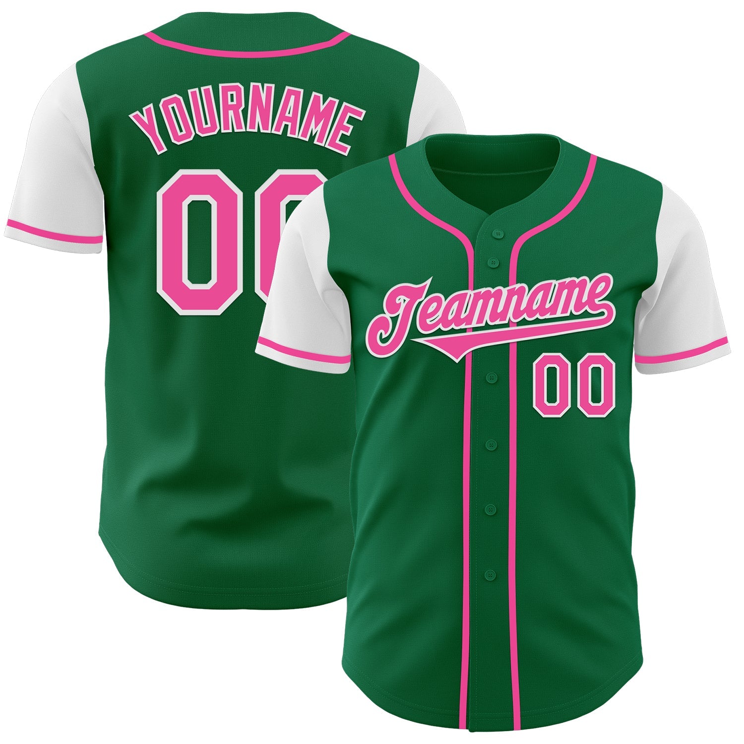 Custom Kelly Green Pink-White Authentic Two Tone Baseball Jersey - Main View