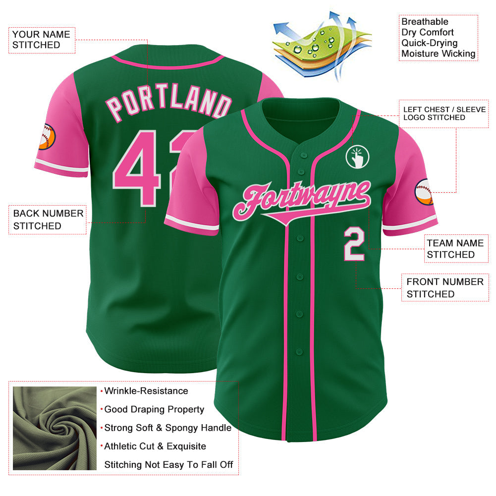 Custom Kelly Green Pink-White Authentic Two Tone Baseball Jersey view 3