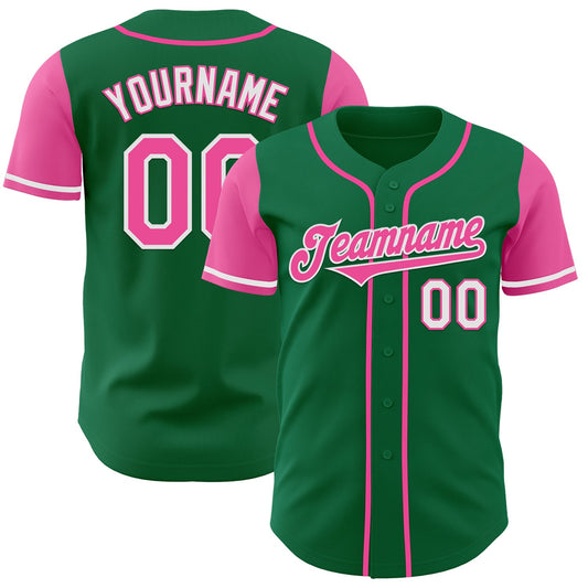 Custom Kelly Green Pink-White Authentic Two Tone Baseball Jersey - Main View