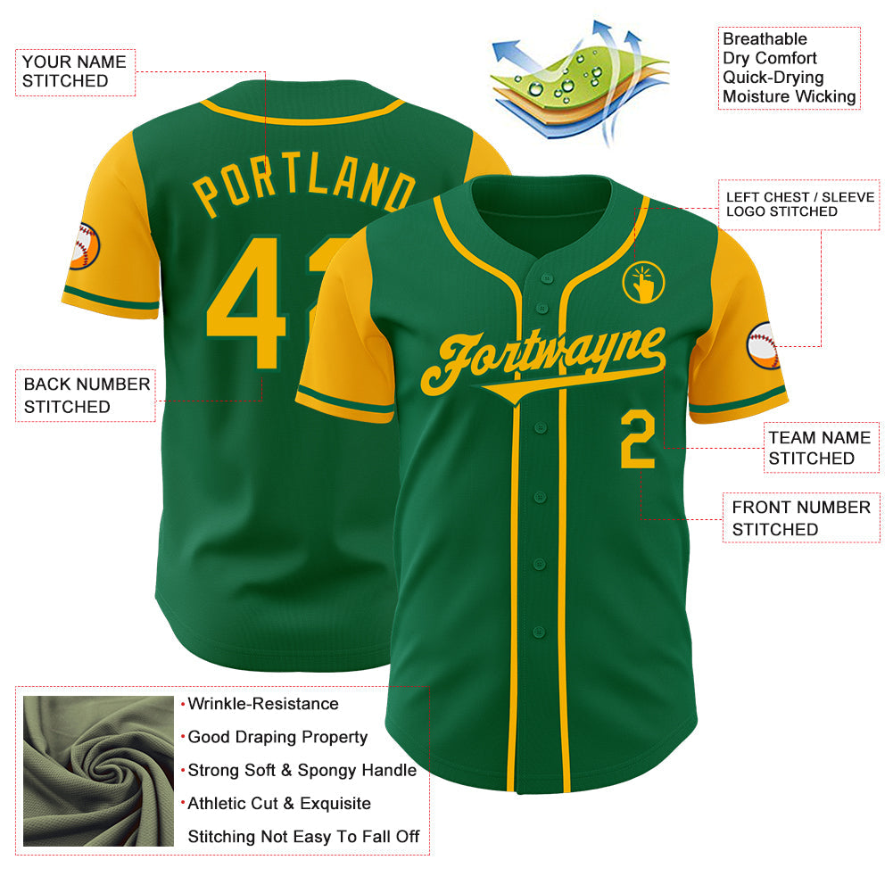 Custom Kelly Green Gold Authentic Two Tone Baseball Jersey view 3