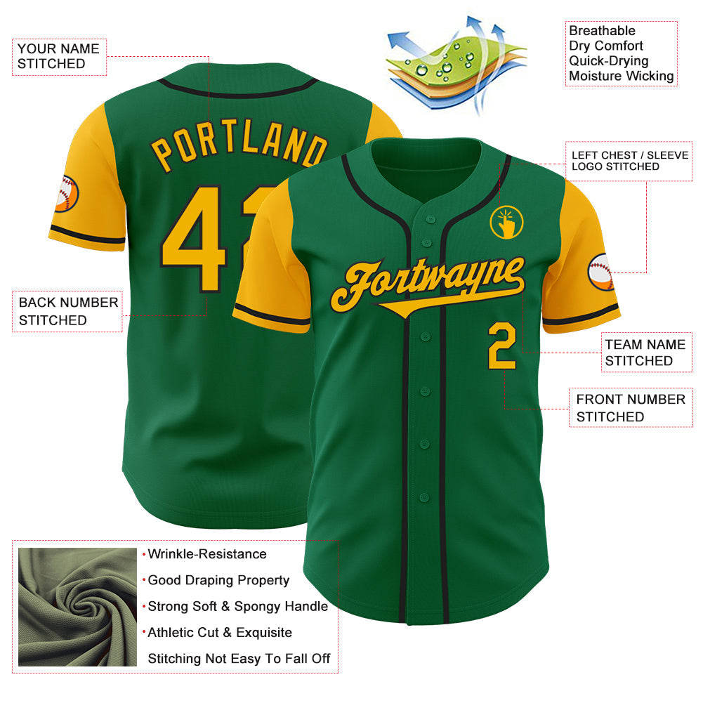 Custom Kelly Green Gold-Black Authentic Two Tone Baseball Jersey view 3