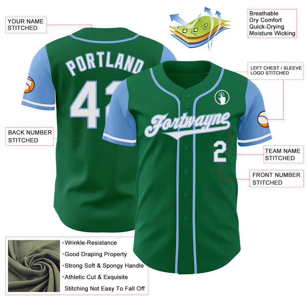 Custom Kelly Green White-Light Blue Authentic Two Tone Baseball Jersey view 3