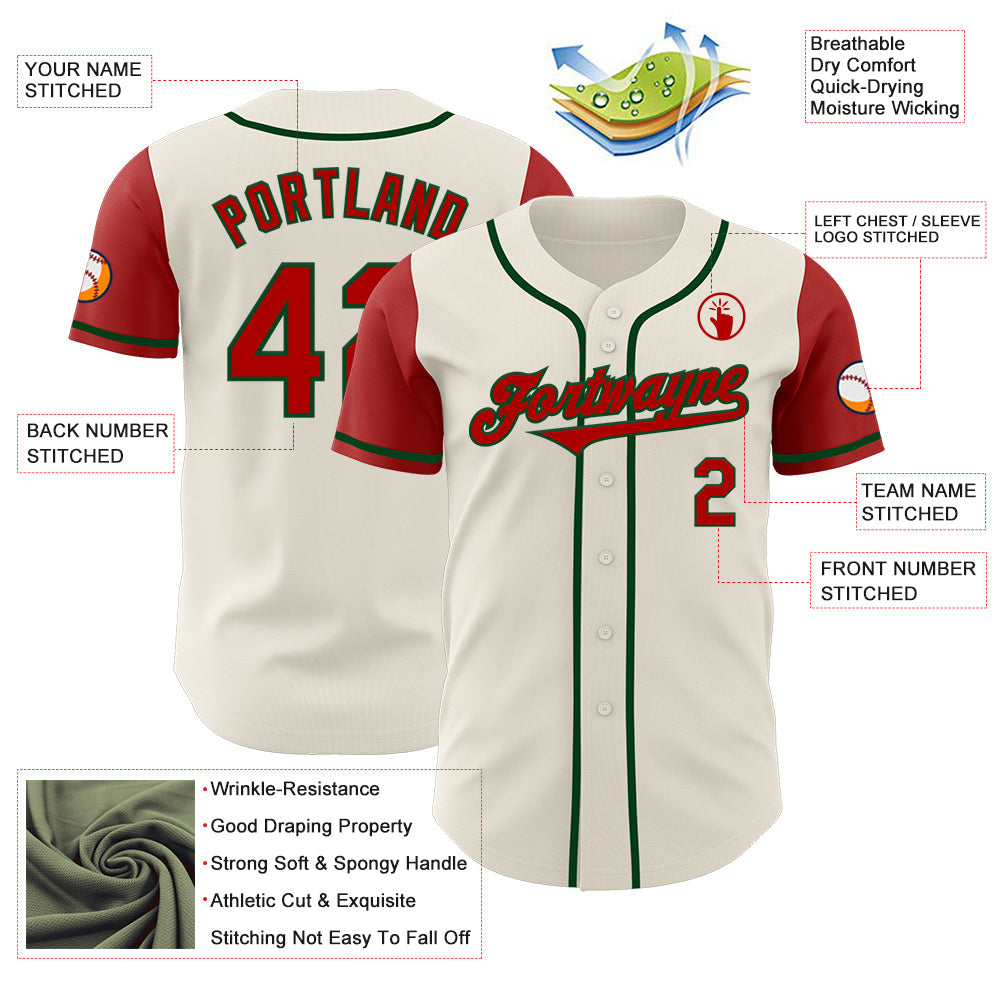 Custom Cream Red-Green Authentic Two Tone Baseball Jersey view 3
