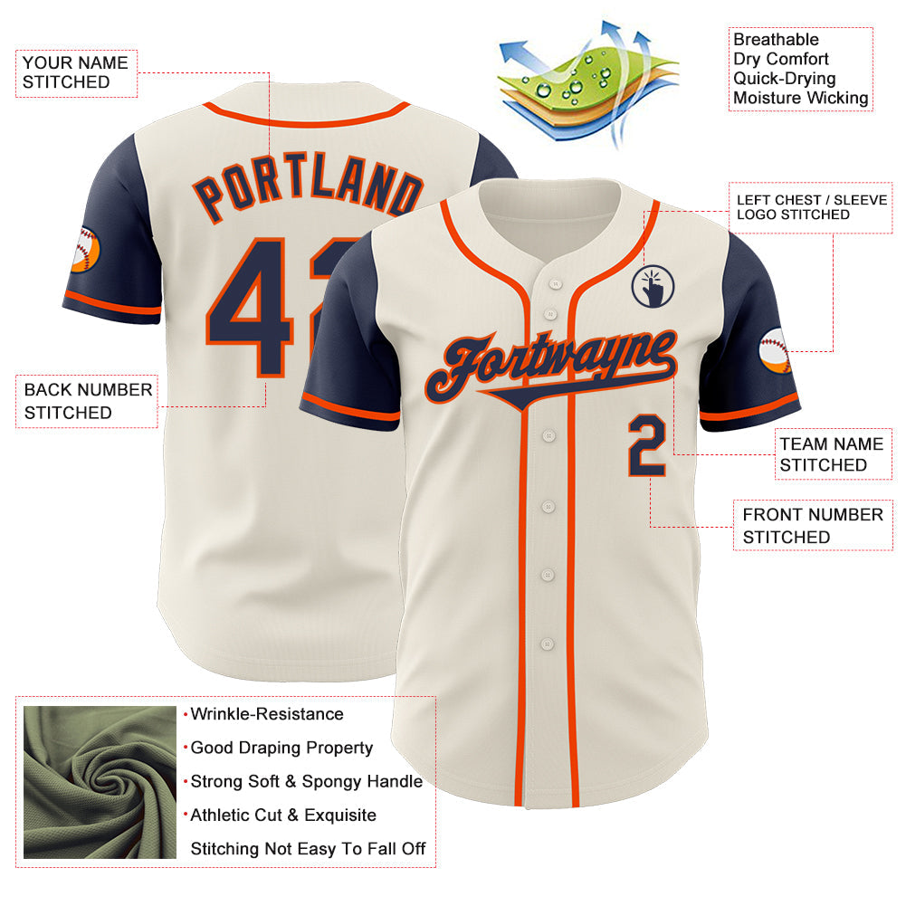 Custom Cream Navy-Orange Authentic Two Tone Baseball Jersey view 3