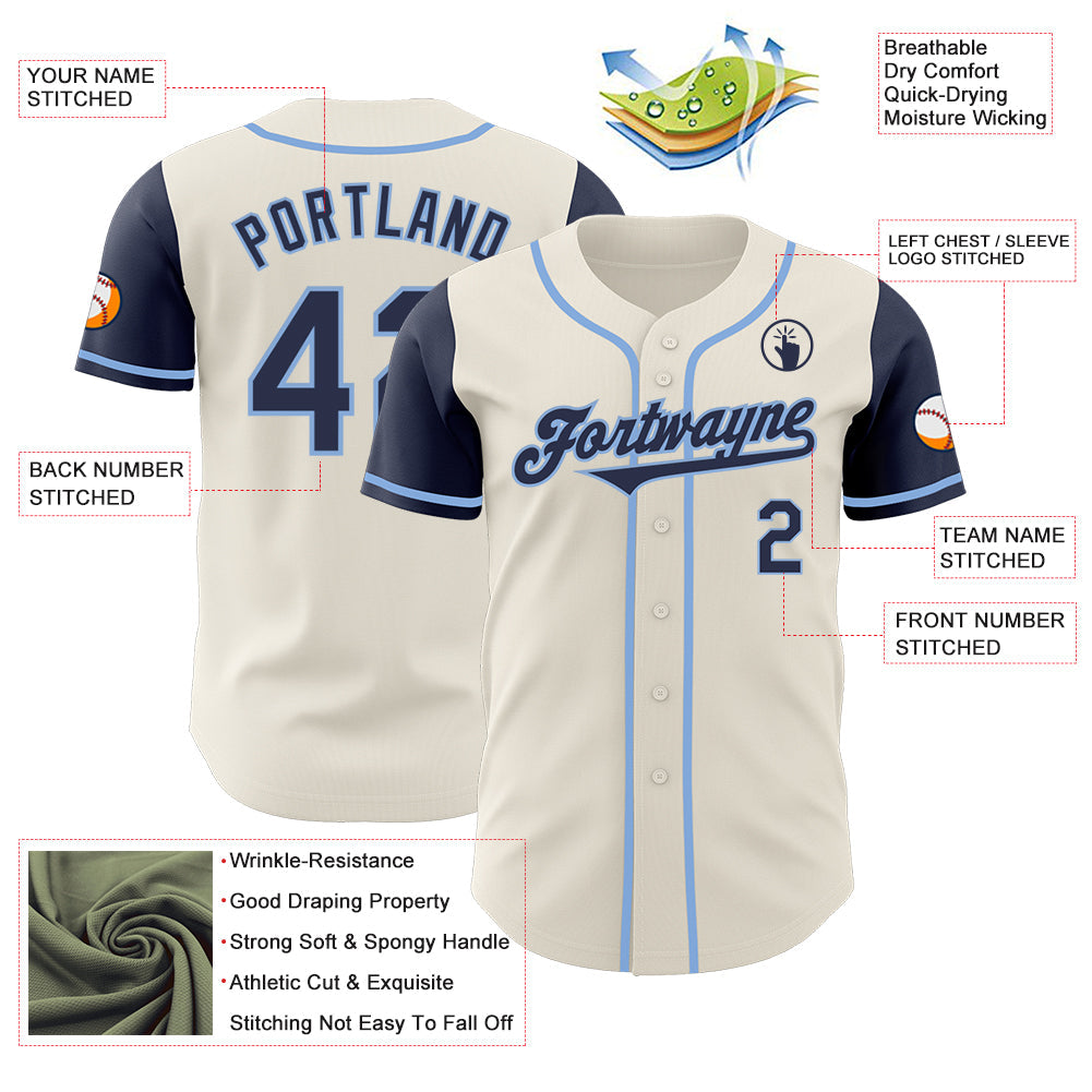Custom Cream Navy-Light Blue Authentic Two Tone Baseball Jersey view 3