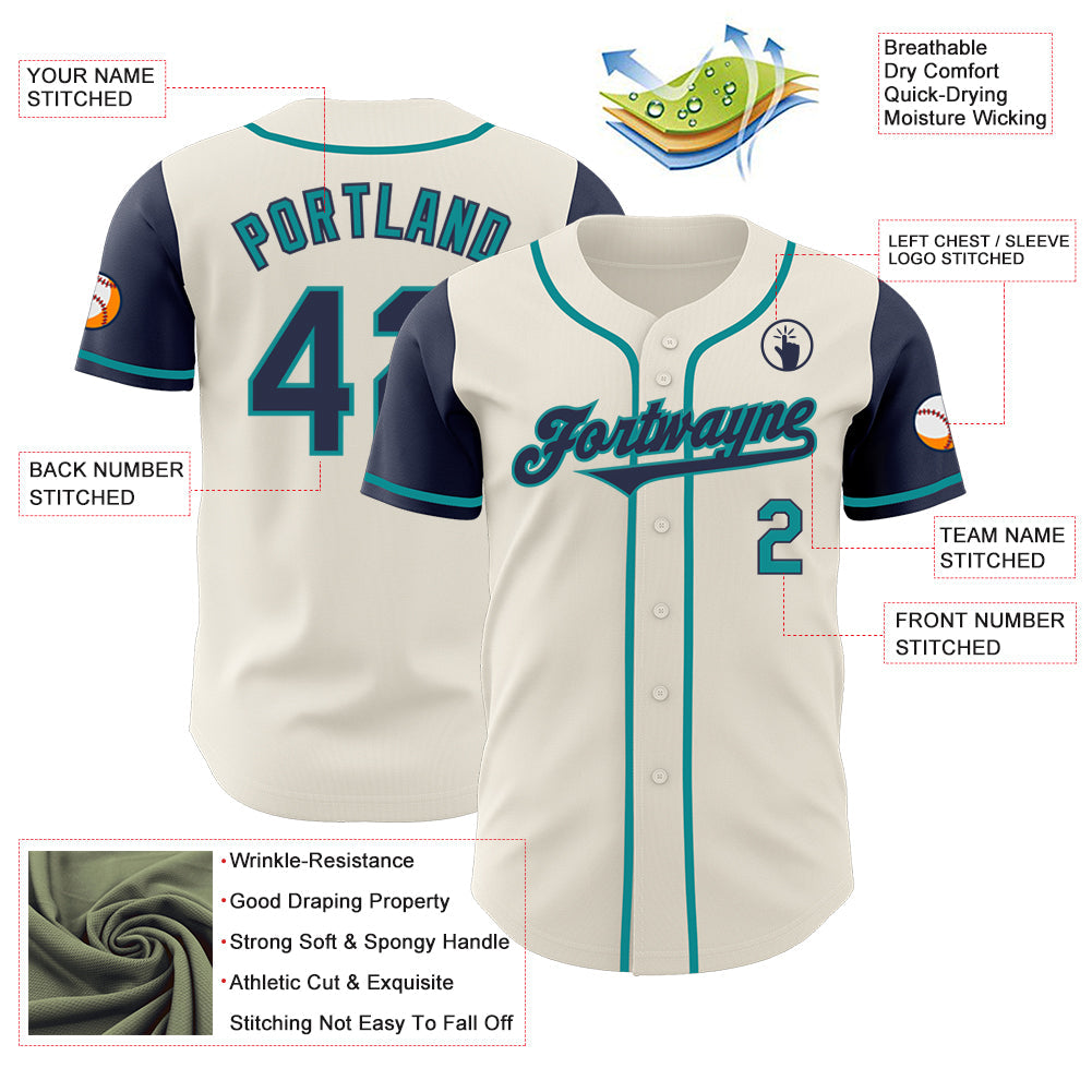 Custom Cream Navy-Teal Authentic Two Tone Baseball Jersey view 3