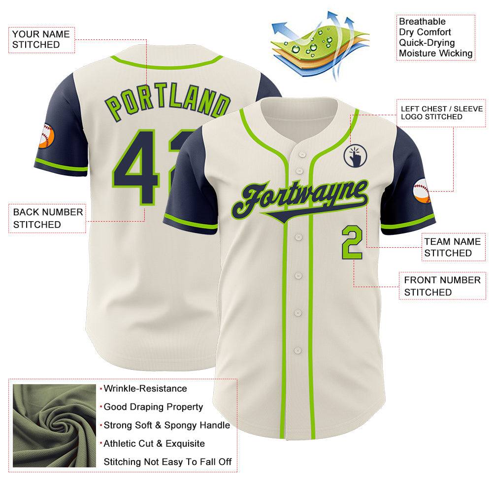 Custom Cream Navy-Neon Green Authentic Two Tone Baseball Jersey view 3