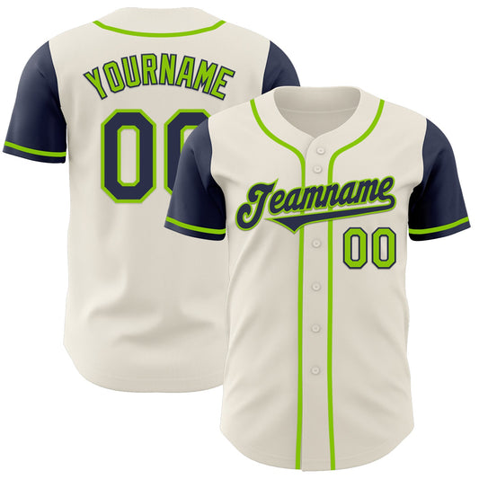 Custom Cream Navy-Neon Green Authentic Two Tone Baseball Jersey - Main View