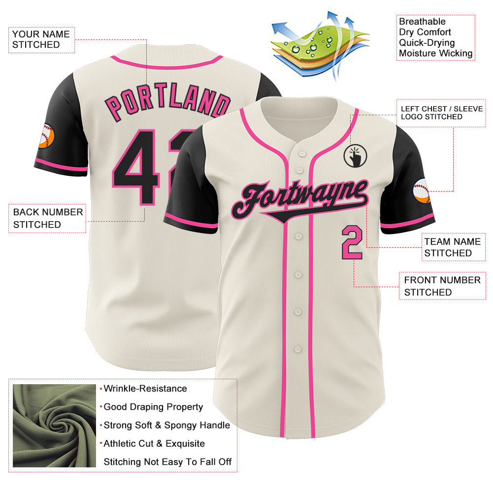 Custom Cream Black-Pink Authentic Two Tone Baseball Jersey view 3
