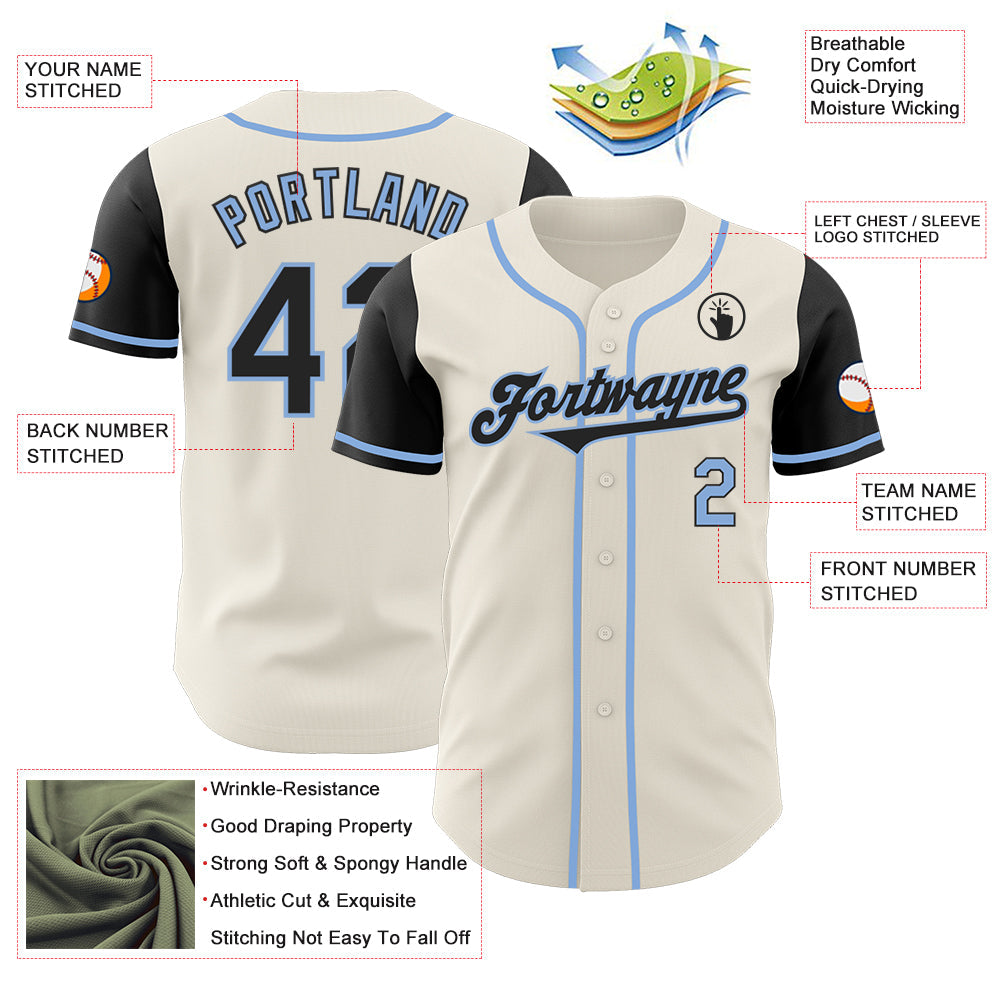 Custom Cream Black-Light Blue Authentic Two Tone Baseball Jersey view 3