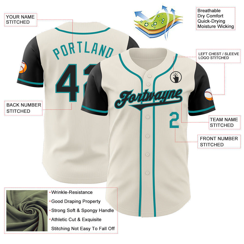 Custom Cream Black-Teal Authentic Two Tone Baseball Jersey view 3