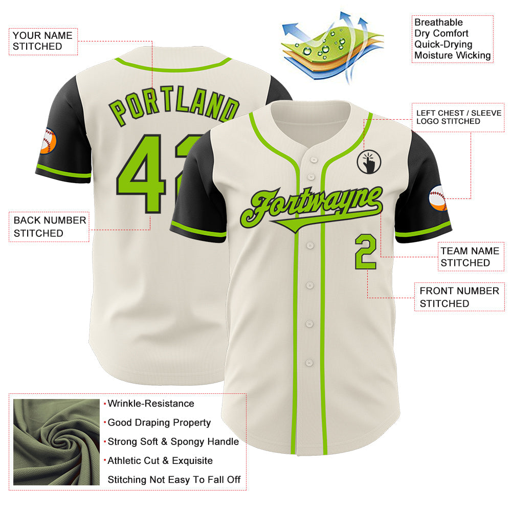 Custom Cream Neon Green-Black Authentic Two Tone Baseball Jersey view 3
