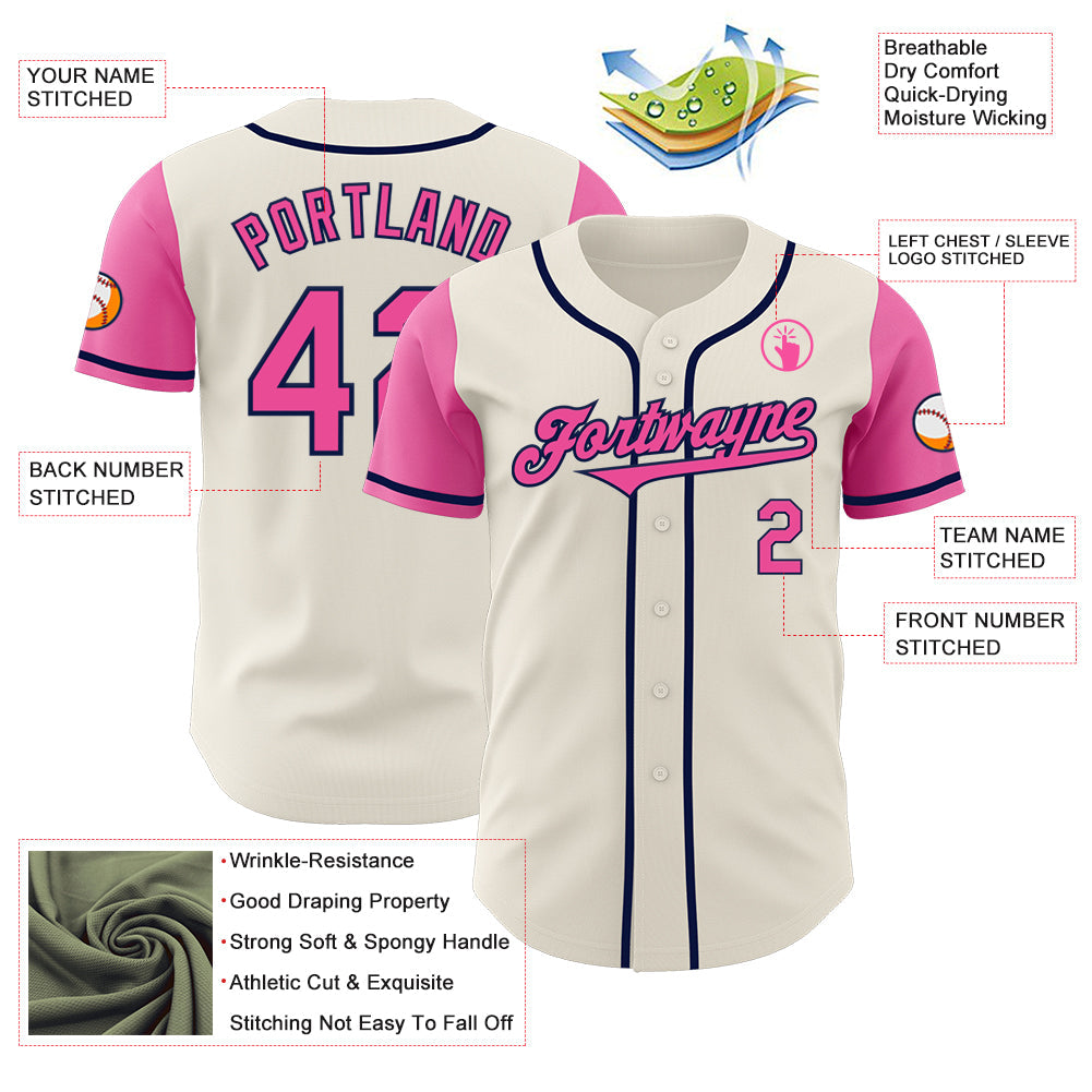 Custom Cream Pink-Navy Authentic Two Tone Baseball Jersey view 3