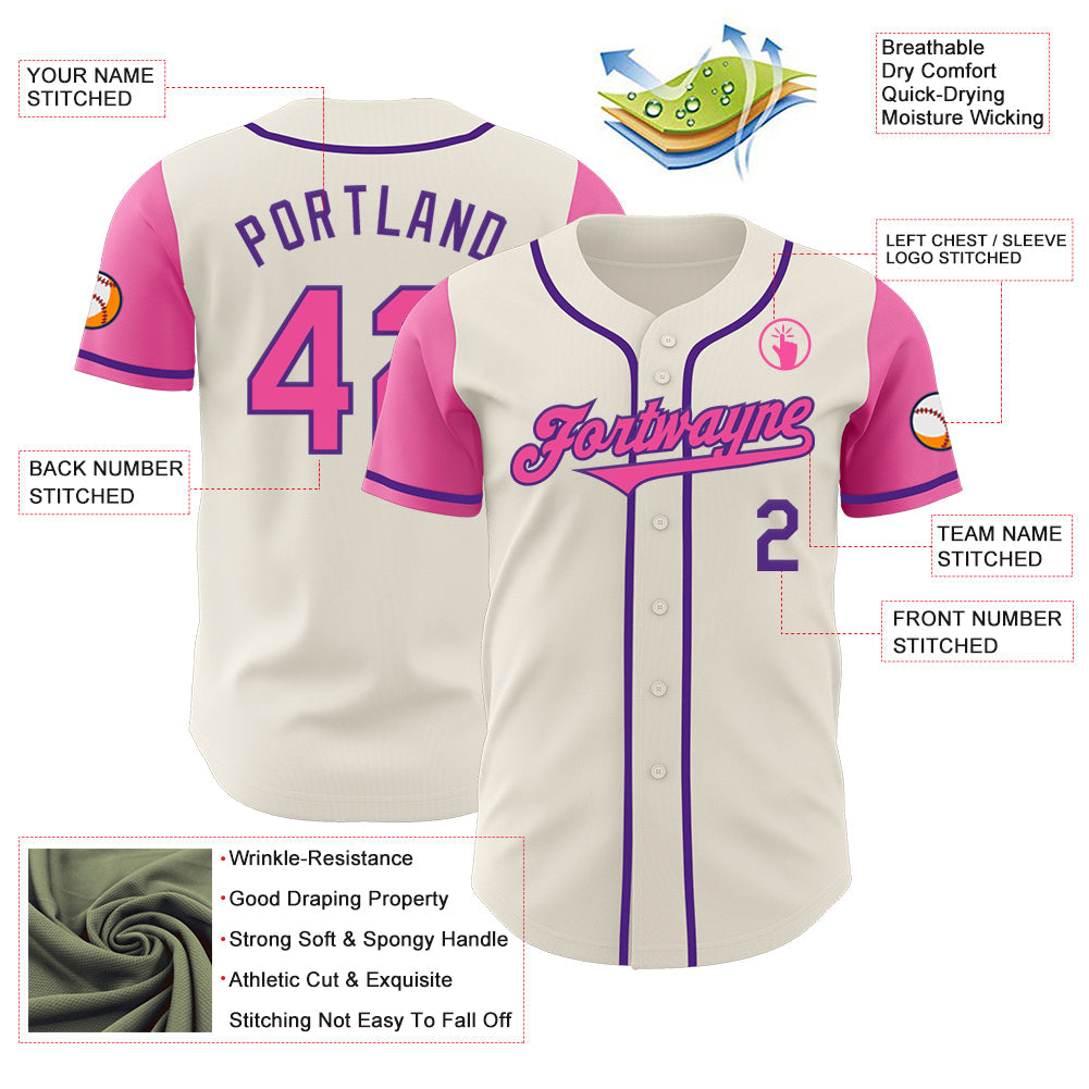 Custom Cream Pink-Purple Authentic Two Tone Baseball Jersey view 3