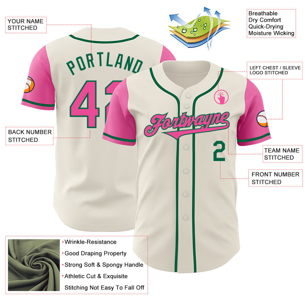 Custom Cream Pink-Kelly Green Authentic Two Tone Baseball Jersey view 3