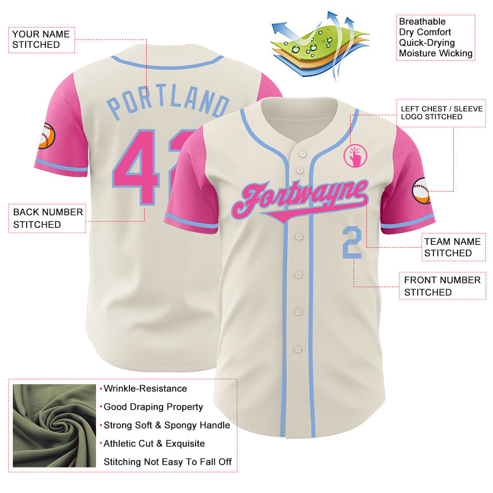 Custom Cream Pink-Light Blue Authentic Two Tone Baseball Jersey view 3