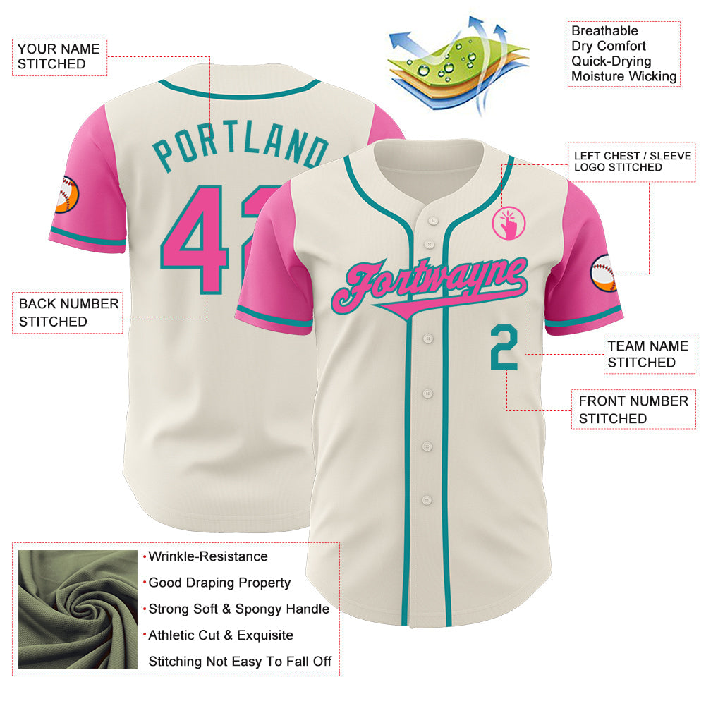 Custom Cream Pink-Teal Authentic Two Tone Baseball Jersey view 3