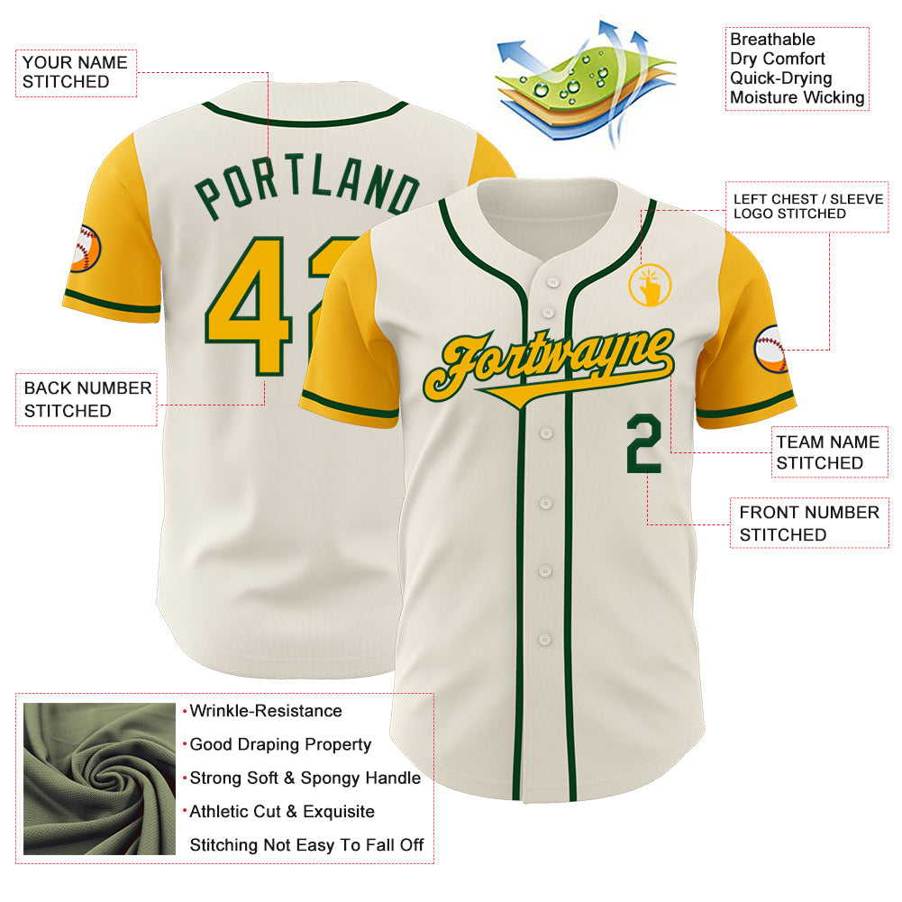 Custom Cream Gold-Green Authentic Two Tone Baseball Jersey view 3