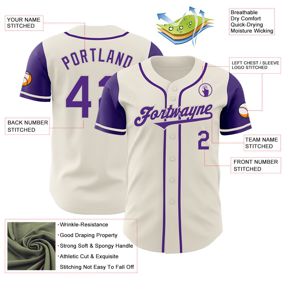 Custom Cream Purple Authentic Two Tone Baseball Jersey view 3
