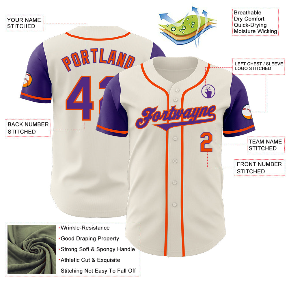 Custom Cream Purple-Orange Authentic Two Tone Baseball Jersey view 3