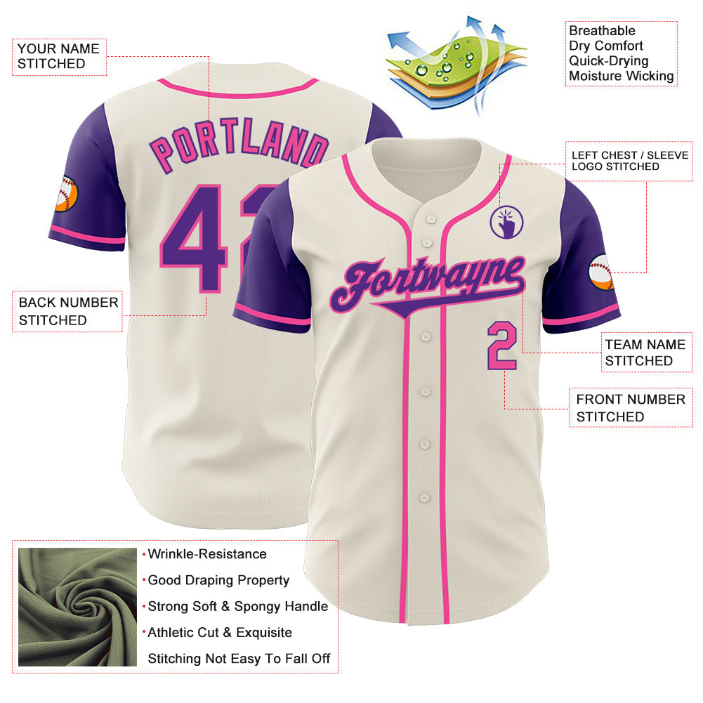 Custom Cream Purple-Pink Authentic Two Tone Baseball Jersey view 3