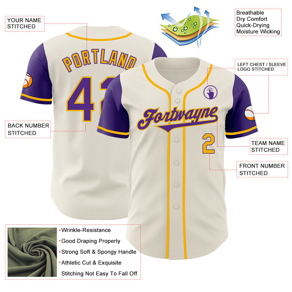 Custom Cream Purple-Gold Authentic Two Tone Baseball Jersey view 3