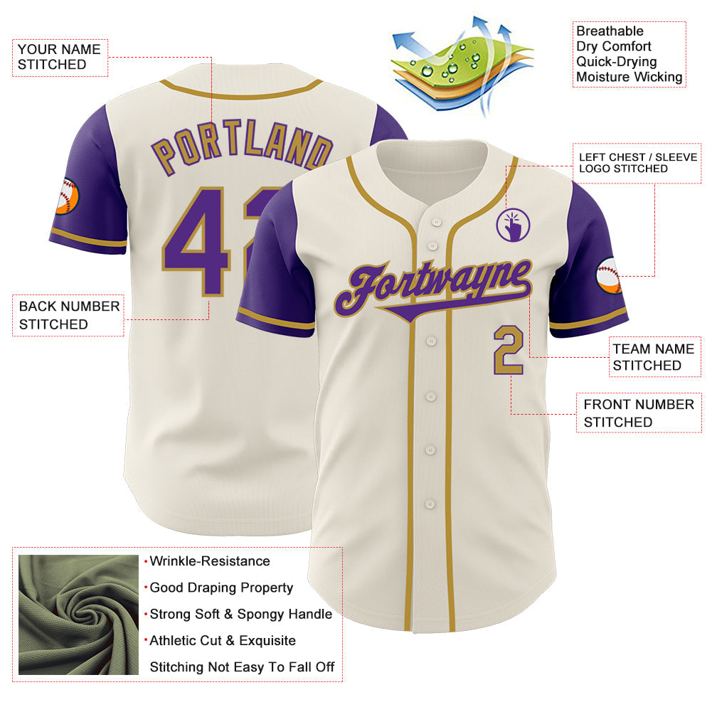 Custom Cream Purple-Old Gold Authentic Two Tone Baseball Jersey view 3