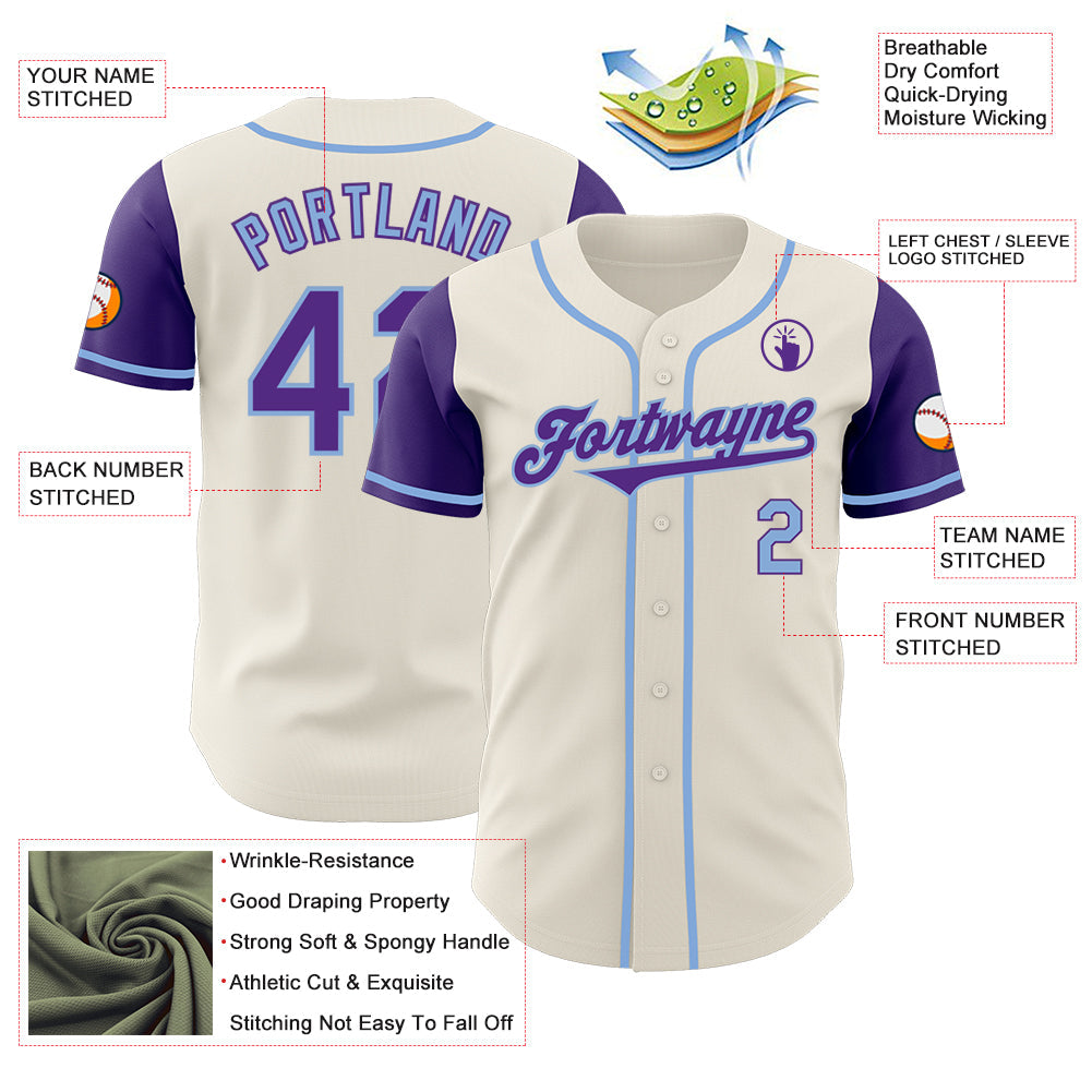Custom Cream Purple-Light Blue Authentic Two Tone Baseball Jersey view 3